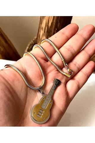 Kalın Çelik Burgu Zincir-gitar Figürlü Unisex Çelik Kolye 55cm Altın - Gümüş