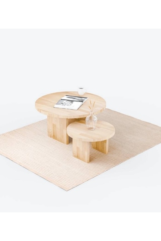 Masif Ağaç Yuvarlak Orta Sehpa Büyük Ve Küçük Set Naturel