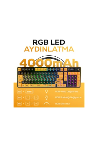 Hawk Gaming Hk258 Lcd Rgb Kablosuz/bluetooth Sarı Siyah Gaming Klavye