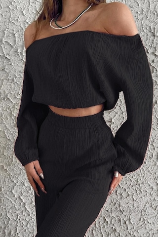 Fashion Cocktail Düşük Omuz Yazlık Lastikli Bohem Sahil Pantolon Krop Göbek Açık Kadın Takım Siyah