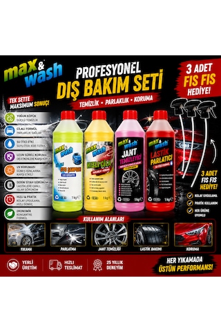 Max&wash Profesyonel Dış Bakım Seti Cilalı Oto Şampuanı + Hızlı Cila + Jant Temizleyici + Lastik Parlatıcı 3 Adet Fıs Fıs Hediyeli 0
