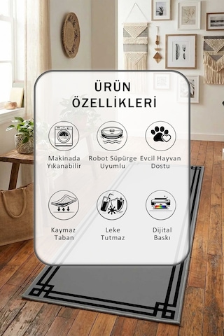 Klasik Gri Siyah Yıkanabilir Yolluk Gri - Siyah
