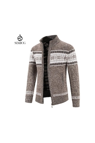 Erkek Kalın Örme Hırka Dik Yaka Fermuarlı Kazak Ceket Kahverengi