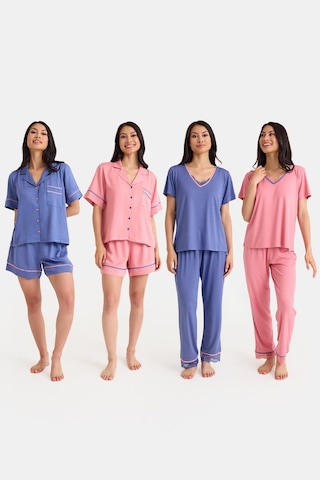 Dream Mavi/pembe Dantel Detaylı Uzun Ve Şortlu Önden Düğmeli 8 Parça Pijama Takım Set Mavi/pembe