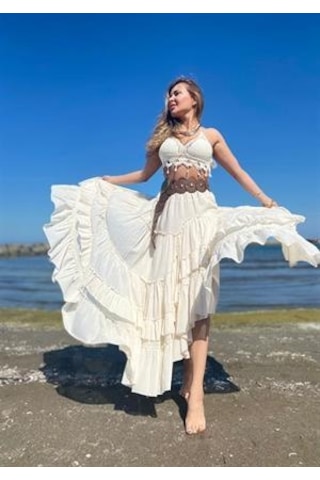 Eren Style Özel Tasarım Ham Keten Otantik Astarlı Carmen Etek-9895 Bej