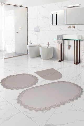 Bonny Home Venüs Krem 3'lü Dantelli Banyo Paspası Seti Çeyizlik K Krem