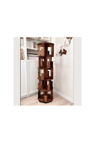 Vigo Wood 360 Döner Kitaplık Modern Ve Dekoratif Çok Katmanlı Ahşap Kitap Ve Dergi Rafı Ceviz, 5 Raflı Abanoz - Beyaz