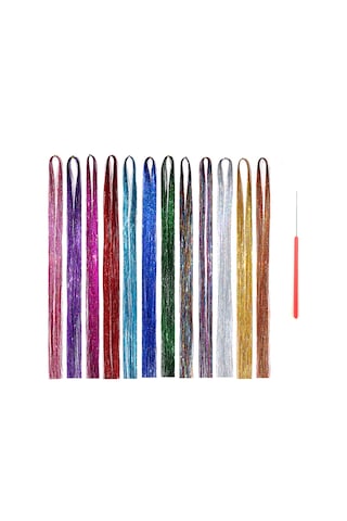 Dofolink 90cm 12 Renkli Renkli Saç Ek Uzantısı, Parlak Renkli Metalik Ipler Ve Örgü İğnesi Seti Çok Renkli