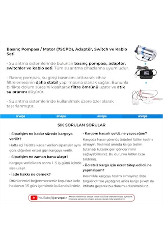 Su Arıtma Cihazı 75gpd Basınç Pompası Tam Kit Motor