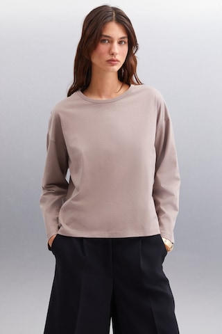 Grımelange Basıl Kadın Oversize %100 Organik Pamuk Örme Uzun Kol Vizon T-shirt