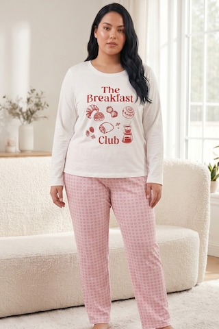 Siyah İnci Pamuklu Likralı Büyük Beden Battal Boy Örme Pijama Takım 26240919 Beyaz