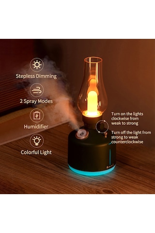 Geeksen Siyah Kerosene Şekilli Usb Nemlendirici - Sürekli/ardışık Buhar Modu, 7 Renkli Işık, Ev Ofis Dekorasyonu
