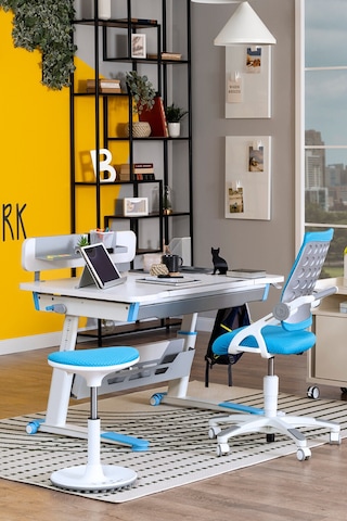 Creo Mobili Yükseklik Ve Eğim Ayarlı, Sirius Premium Plus Bilgisayar, Çalışma Masası Seti Beyaz/mavi Gri