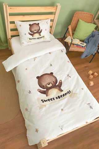 Organik Tek Kişilik Nevresim Takımı 160x220 - Minik Dostum Ayıcık Renkli