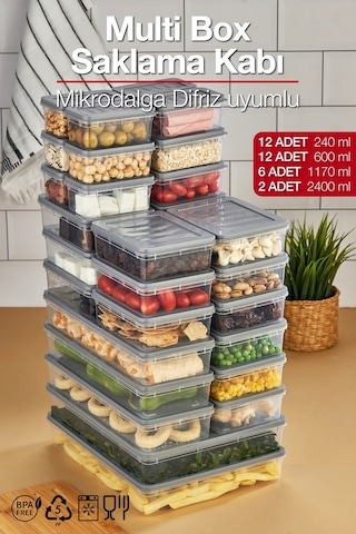 Multi Box 32 Parça 4 Farklı Boy Saklama Kabı Seti - Dondurucu & Mikrodalga Uyumlu Gri