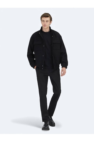 Kip Siyah Comfort Fit Dik Yaka Casual Dokuma Mont Siyah