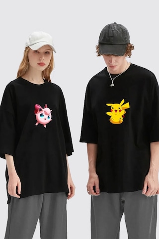 Unisex Kadın Erkek Pikachu Jigglypuff Baskılı Sevgili Çift Kombini Tasarım Oversize T-shirt 2'li Set Siyah Mck1964 Siyah