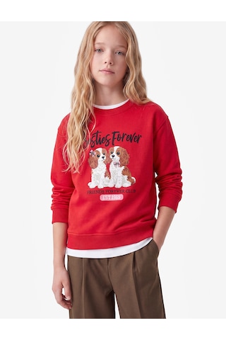 Koton Köpek Baskılı Uzun Kollu Bisiklet Yaka Üç İplik Şardonlu Sweatshirt Kırmızı 7wkg10256ak