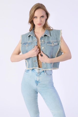 Taşlı Sıfır Kol Püsküllü Denim Ceket-a.mavi Açık Mavi
