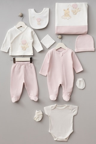 Bebitof Balonlu Tavşan Desenli 10 Parça Kutulu Yenidoğan Hastane Çıkışı Zıbın Seti Pudra