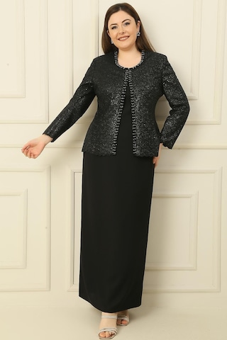 Yaka Taşlı Astarlı Uzun Krep Elbise Pullu Ceket Büyük Beden 2'li Takım-36241 Siyah
