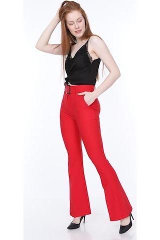 Bluence Beli Kemerli Ispanyol Paça Kırmızı Kumaş Pantolon Kırmızı