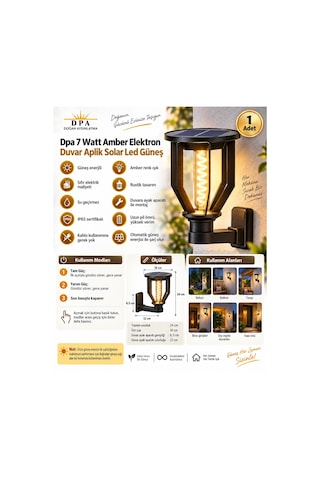 Dpa 7w Amber Elektron Duvar Aplik Solar Led Güneş Enerjili Şarjlı Armatür Lamba 2000k 190lm Ip65
