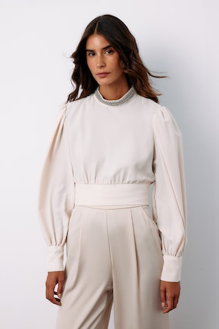 Sateen Yaka Aksesuarlı Bluz - Bej-135190 BEJ Bej
