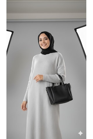 Sonbaharmoda Kadın Uzun Triko Elbise %100 Akrilik Bisiklet Yaka Rahat Ve Şık Kışlık Model Gri