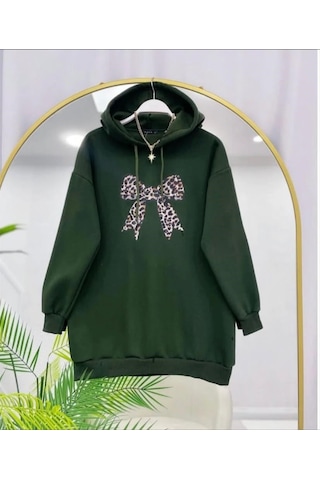 Lovie Moda Kadın Leopar Fiyonk Baskılı Sweatshirt Haki