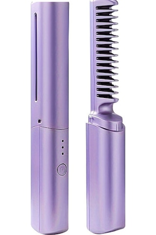 Shineyee Usb Şarjlı Taşınabilir Saç Düzleştirici Ve Fırça İkili Mor, Kablosuz Mini Saç Şekillendirici, 3 Sıcaklık Ayarı, Seramik Kaplama