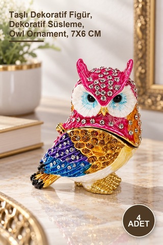 4 Adet Taşlı Baykuş Figür Aksesuarı Taşlı Dekoratif Figür, Dekoratif Süsleme, Owl Ornament, 7x6 Cm