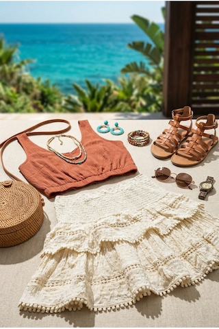 Fashion Cocktail Yüksek Bel Geniş Lastikli Esnek Dantel Katlı İşlemeli Vintage Görünümlü Kombin Bohem Tatil Etek Ekru