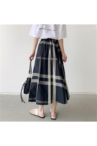 Qooth Kadınlar Rahat 8 Renk Büyük Ekose A-line Etek Tembel Elastik Bel Büyük Salıncak Uzun Etek Bahar Yaz Qt2055 Turuncu