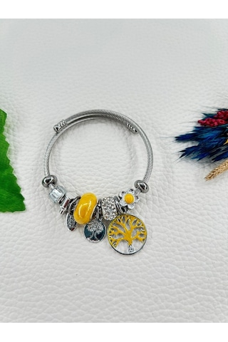 Bhs Life Kadın Charmlı Sarı Renk Kristal Taşlı Hayat Ağacı Çelik Bileklik