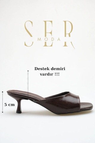 Sermoda Topuklu Kadın Terlik - 5 Cm İnce Topuklu Küt Burun Kadın Terlik Kahve Yanki