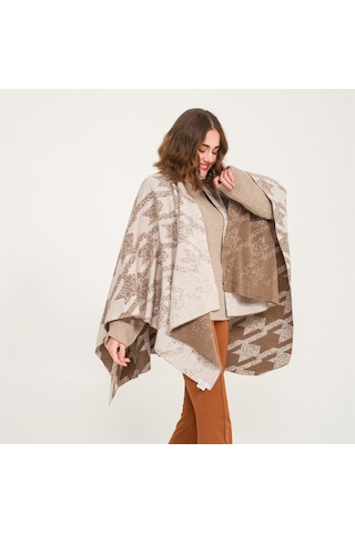 Kaz Ayağı Desen Çift Taraflı Triko Kadın Şal Panço-Kahverengi-140X140 Kahverengi