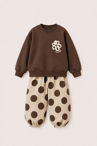 Magu Kız Çocuk Pamuklu Çiçek Baskılı Kahverengi Sweatshirt Ve Puantiyeli Eşofman Takımı Çok Renkli