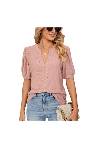 Yaz Katı Dantel Kadın Gömlek Zarif Içi Boş Puf Kısa Kollu Kazak Bluz Kadın Rahat V Yaka Gevşek Kadın Üstleri Blusas 24698 Wow