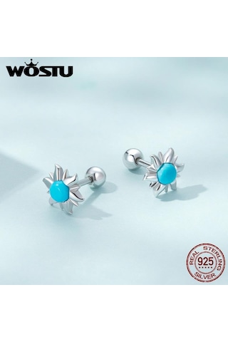 Wostu 925 Ayar Gümüş Minik Güneş Saplama Küpeler Kadınlar İçin Trendy Güzel Düğün Takısı Mavi Turkuaz Piercing Küpe