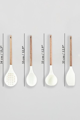 Akasya Saplı 4'lü Silikon Mutfak Gereçleri Seti Kepçe Kevgir Mutfak Kaşığı Spatula