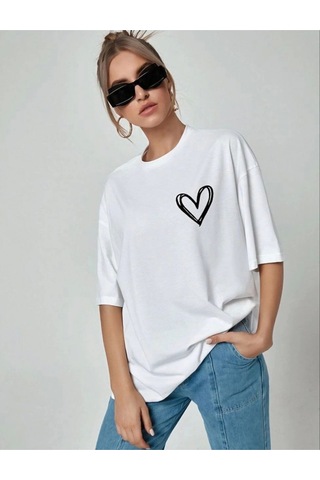 Wear Vexel Kadın Tişort Kalp Baskılı Bisiklet Yaka Kısa Kol T-shirt - Beyaz Beyaz