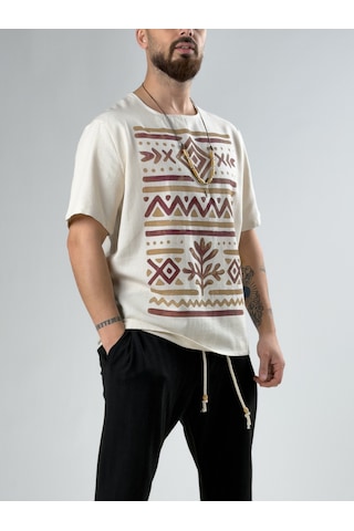 Cocopelli Bordo Etnik Tasarım Erkek T-shirt Coc2871 Bej