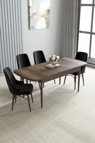 Zümra Serisi, Barok Ahşap Desen 80x132 Açılabilir Mdf Mutfak Masası Takımı 4 Adet Sandalye, Siyah