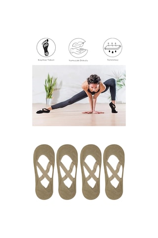 4 Adet Kadın Kaydırmaz Tabanlı Yoga Pilates Fitness Dans Ve Spor Çorabı Bej