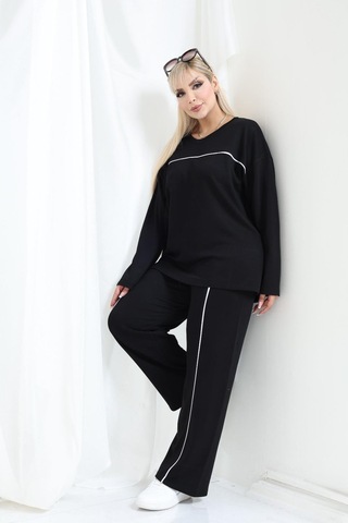 Biyeli Büyük Beden Oysho Tarzı Modal Kumaş Uzun Kollu Biyeli Rahat Günlük Takım Siyah