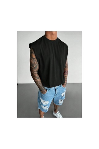 Thiff Erkek Oversize Kolsuz T-shirt Tişört Atlet Siyah