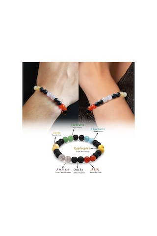 Küre Kesim Multicolor Doğaltaş Kombinli Kadın-erkek Başarı Bilekliği 2li Set Çok Renkli