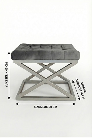 Nexus Babyface Kapitoneli Puf - Krom Metal X Ayaklı Modern Bench 50x40 Cm Antrasit