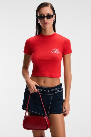 ETHIQUET MIREZA Kadın Baskı Detaylı Slim Fit Kısa Kollu Yuvarlak Yaka Kırmızı T-Shirt